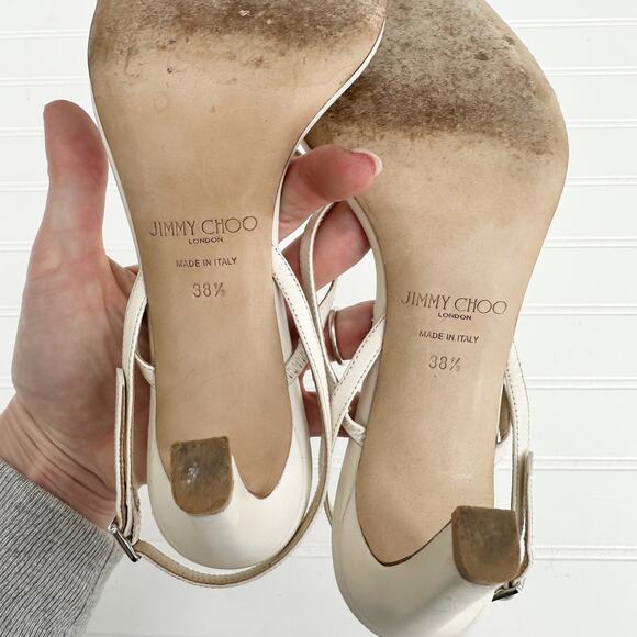 Jimmy Choo Meira 85 Heeled Sandals Off-White Latte Crystal Rhinestone Heels 38.5 - Picture 5 of 13